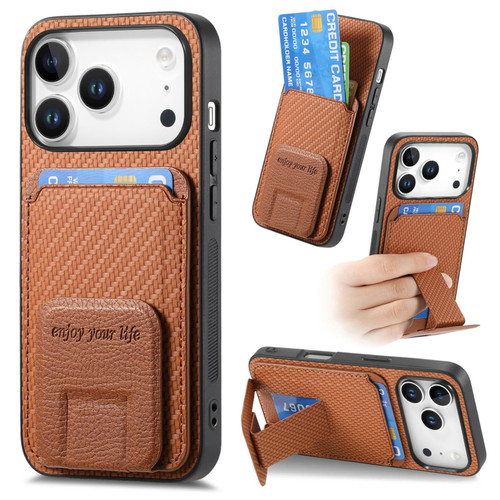 iPhone 17 Pro Carbon Fiber Card Bag Fold Stand Phone Case - Brown