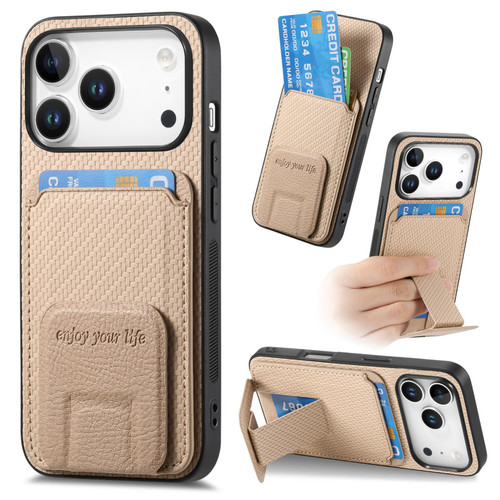 iPhone 17 Pro Carbon Fiber Card Bag Fold Stand Phone Case - Khaki