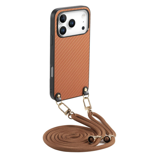 iPhone 17 Pro Carbon Fiber Texture Leather Back Phone Case with Crossbody Strap - Brown
