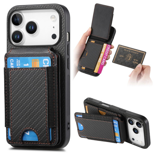 iPhone 17 Pro Carbon Fiber Vertical Flip Wallet Stand Phone Case - Black