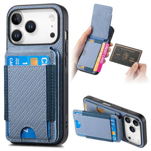 iPhone 17 Pro Carbon Fiber Vertical Flip Wallet Stand Phone Case - Blue