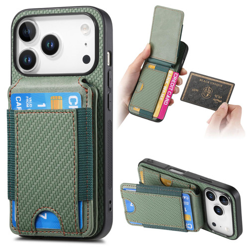 iPhone 17 Pro Carbon Fiber Vertical Flip Wallet Stand Phone Case - Green