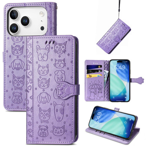 iPhone 17 Pro Cat and Dog Embossed Leather Phone Case - Purple