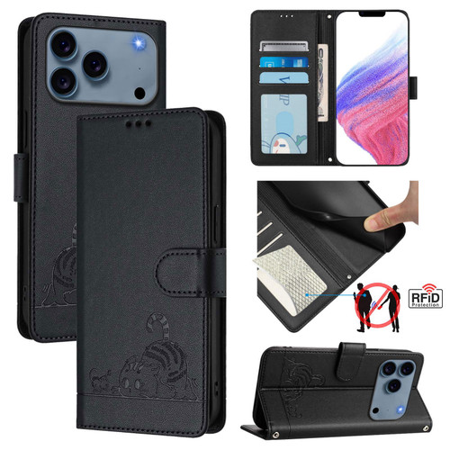 iPhone 17 Pro Cat Rat Embossed Pattern RFID Leather Phone Case with Lanyard - Black