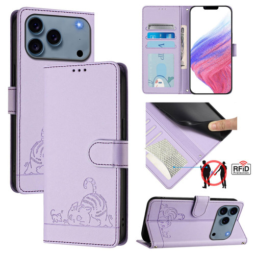 iPhone 17 Pro Cat Rat Embossed Pattern RFID Leather Phone Case with Lanyard - Purple