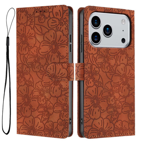 iPhone 17 Pro Cherry Blossoms Embossed Leather Phone Case - Brown