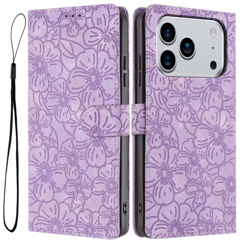 iPhone 17 Pro Cherry Blossoms Embossed Leather Phone Case - Purple