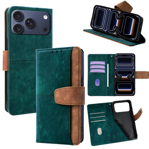 iPhone 17 Pro Color Stitching Skin Feel Leather RFID Blocking Phone Case - Green