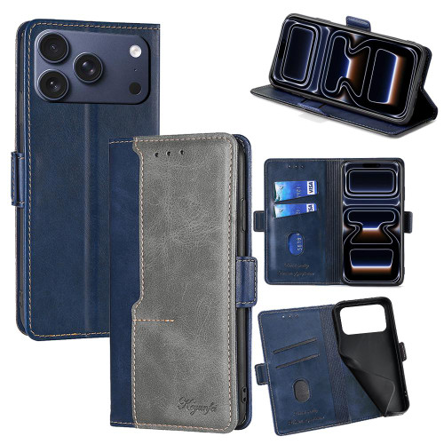 iPhone 17 Pro Contrast Color Side Buckle Leather Phone Case - Blue + Grey
