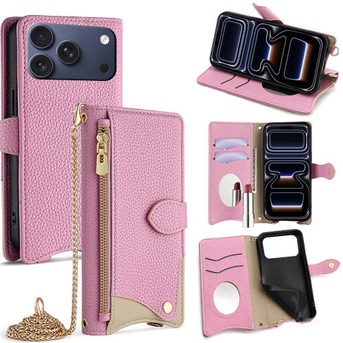 iPhone 17 Pro Crossbody Chain Fishtail Litchi Leather Phone Case - Pink