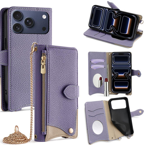 iPhone 17 Pro Crossbody Chain Fishtail Litchi Leather Phone Case - Purple