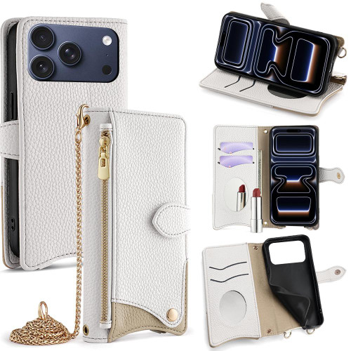 iPhone 17 Pro Crossbody Chain Fishtail Litchi Leather Phone Case - White