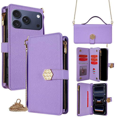 iPhone 17 Pro Crossbody Handle Cross Texture Leather Phone Case - Purple