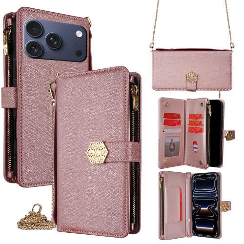 iPhone 17 Pro Crossbody Handle Cross Texture Leather Phone Case - Rose Gold