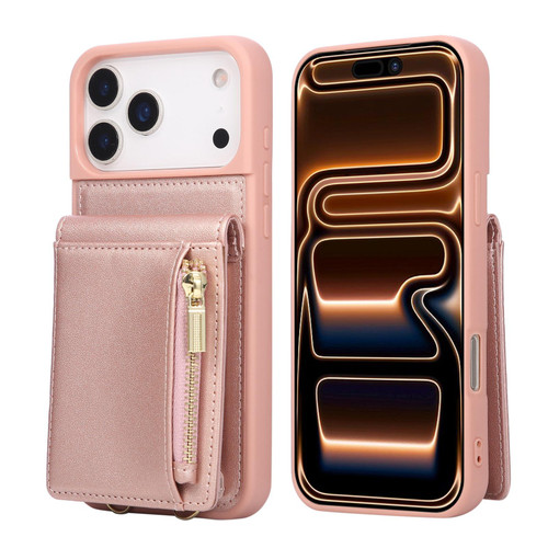 iPhone 17 Pro Crossbody Lanyard Zipper Wallet Leather Phone Case - Rose Gold