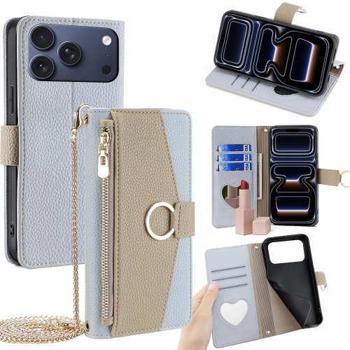 iPhone 17 Pro Crossbody Litchi Texture Leather Phone Case - Blue