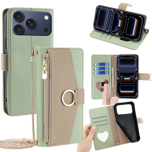 iPhone 17 Pro Crossbody Litchi Texture Leather Phone Case - Green