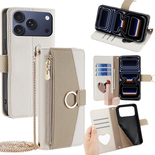iPhone 17 Pro Crossbody Litchi Texture Leather Phone Case - White