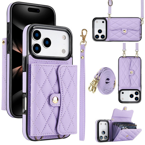 iPhone 17 Pro Crossbody Rhombic Horizontal Wallet Leather Phone Case - Purple