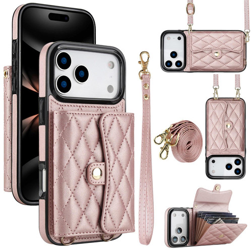 iPhone 17 Pro Crossbody Rhombic Horizontal Wallet Leather Phone Case - Rose Gold