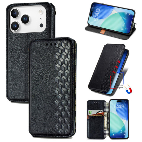 iPhone 17 Pro Cubic Grid Pressed Magnetic Leather Phone Case - Black