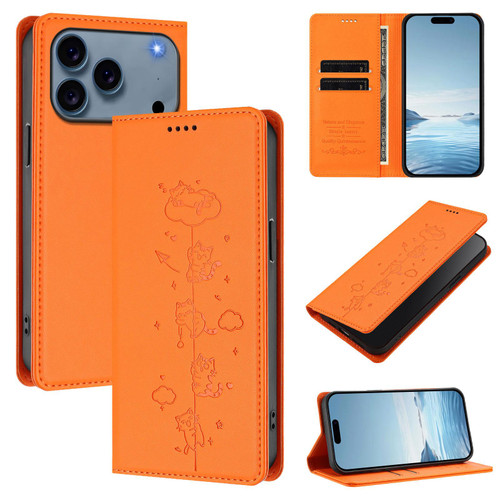 iPhone 17 Pro Cute Cats Embossed Magnetic RFID Vegan Leather Phone Case - Orange