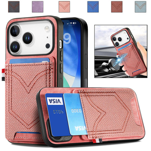 iPhone 17 Pro Denim Texture Leather Skin Phone Case with Card Slot - Pink