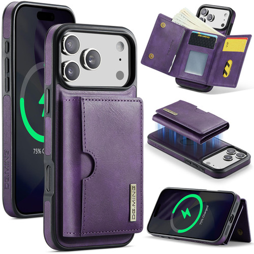 iPhone 17 Pro DG.MING M6 Series RFID Tri-fold Card Bag Removable Leather Phone Case - Purple
