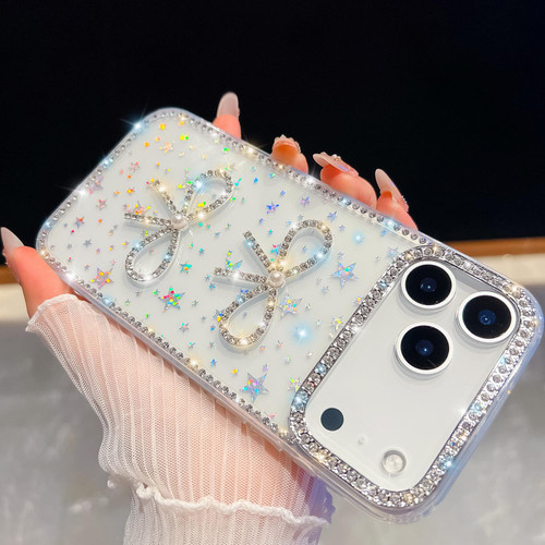 iPhone 17 Pro Diamond Glitter Dual Bow-knot Shockproof Phone Case - Transparent Stars