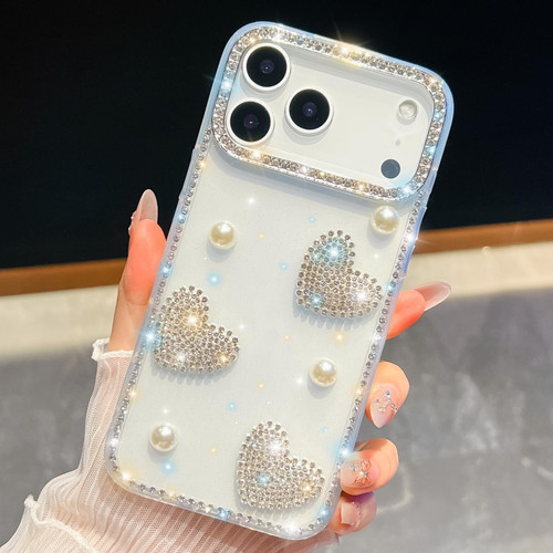 iPhone 17 Pro Diamond Glitter Pearl Heart Four-Corner Shockproof Phone Case - Transparent