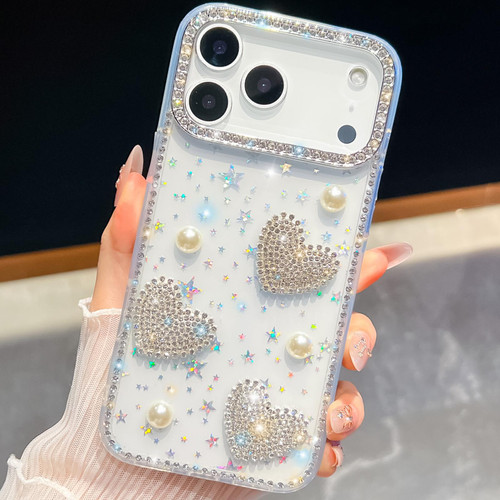iPhone 17 Pro Diamond Glitter Pearl Heart Four-Corner Shockproof Phone Case - Transparent Stars