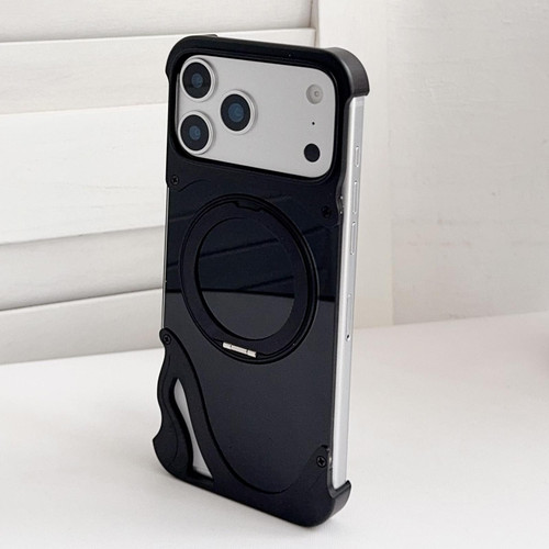iPhone 17 Pro Dolphin Original Color Metal Frameless 360 Rotation Holder Magnetic Phone Case - Black