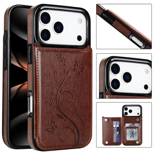 iPhone 17 Pro Double Buckle Butterfly Embossing PU Phone Case - Brown