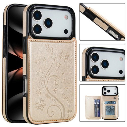 iPhone 17 Pro Double Buckle Butterfly Embossing PU Phone Case - Gold