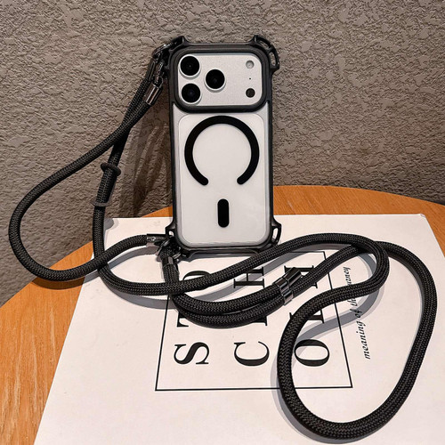 iPhone 17 Pro Drone-Style Four-Corner Shockproof Magnetic Acrylic Phone Case with Long and Short Lanyard - Black