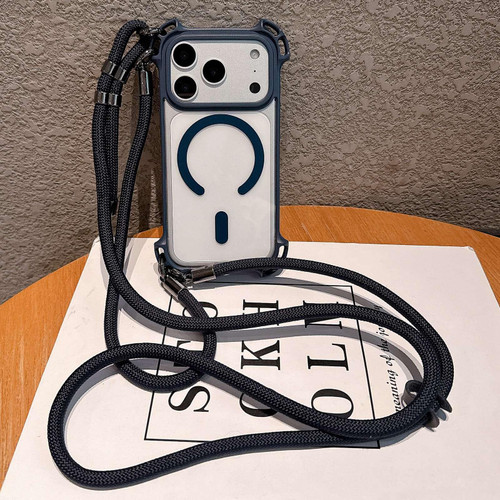 iPhone 17 Pro Drone-Style Four-Corner Shockproof Magnetic Acrylic Phone Case with Long and Short Lanyard - Blue