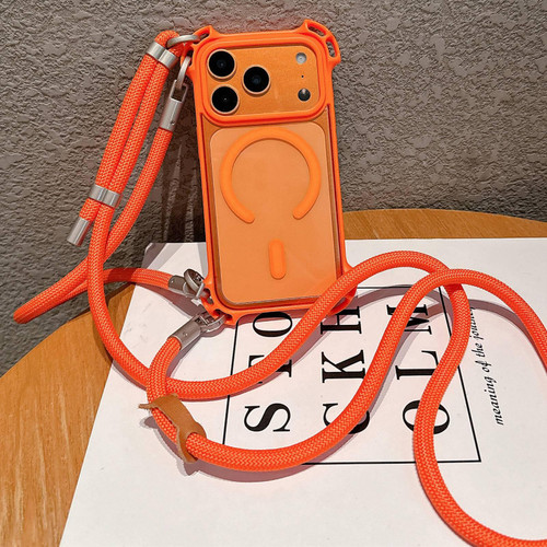 iPhone 17 Pro Drone-Style Four-Corner Shockproof Magnetic Acrylic Phone Case with Long and Short Lanyard - Orange