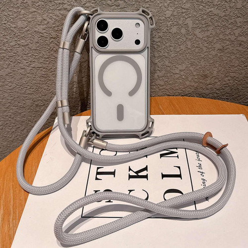 iPhone 17 Pro Drone-Style Four-Corner Shockproof Magnetic Acrylic Phone Case with Long and Short Lanyard - Titanium Gray