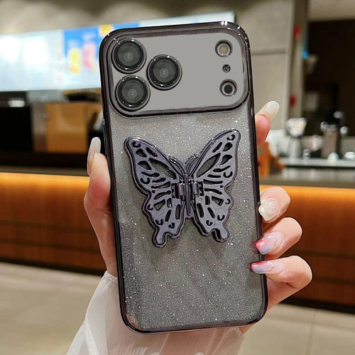 iPhone 17 Pro Electroplated Gradient Glitter 3D Butterfly TPU Phone Case - Gradient Black