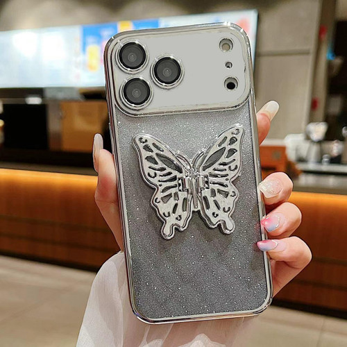 iPhone 17 Pro Electroplated Gradient Glitter 3D Butterfly TPU Phone Case - Gradient Silver