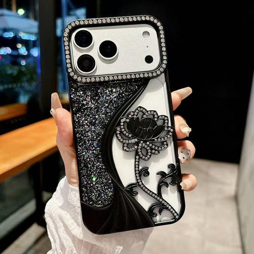 iPhone 17 Pro Electroplated TPU Lotus Hollow-carved  Rhinestone Glitter Phone Case - Black