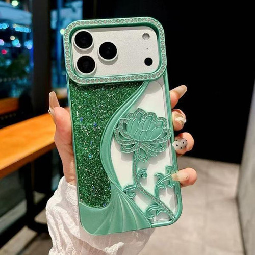 iPhone 17 Pro Electroplated TPU Lotus Hollow-carved  Rhinestone Glitter Phone Case - Green