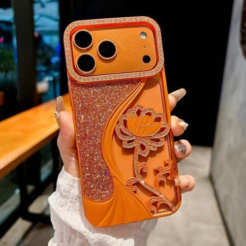 iPhone 17 Pro Electroplated TPU Lotus Hollow-carved  Rhinestone Glitter Phone Case - Orange