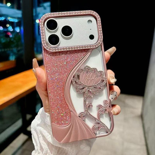iPhone 17 Pro Electroplated TPU Lotus Hollow-carved  Rhinestone Glitter Phone Case - Pink