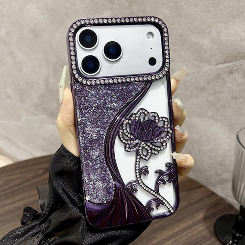 iPhone 17 Pro Electroplated TPU Lotus Hollow-carved  Rhinestone Glitter Phone Case - Purple