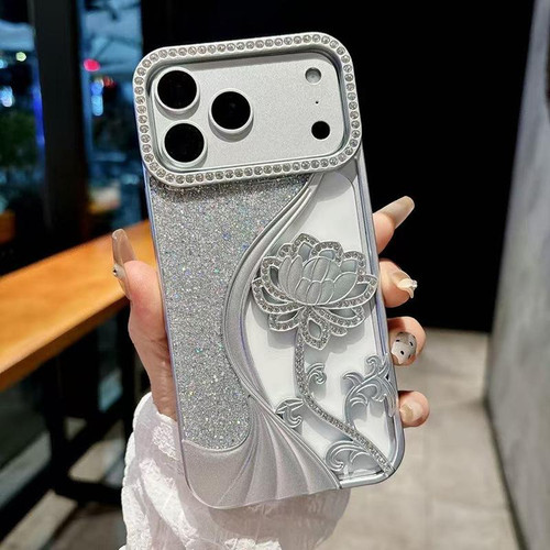 iPhone 17 Pro Electroplated TPU Lotus Hollow-carved  Rhinestone Glitter Phone Case - Silver