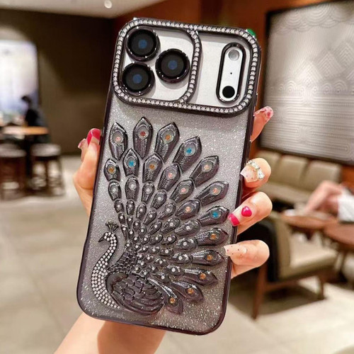 iPhone 17 Pro Electroplated TPU Peacock Relief Rhinestone Glitter Phone Case with Lens Film - Black