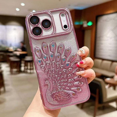 iPhone 17 Pro Electroplated TPU Peacock Relief Rhinestone Glitter Phone Case with Lens Film - Pink