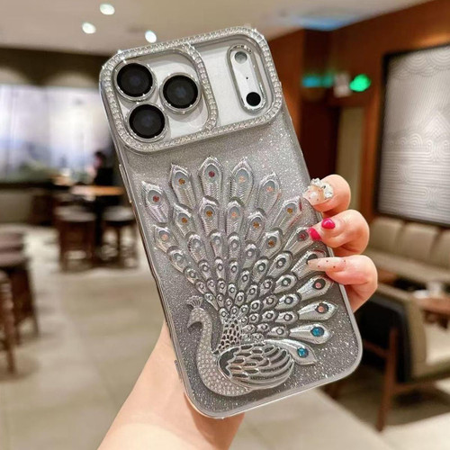 iPhone 17 Pro Electroplated TPU Peacock Relief Rhinestone Glitter Phone Case with Lens Film - Silver
