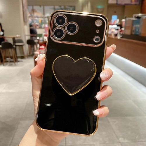 iPhone 17 Pro Electroplating Love Heart Holder TPU Phone Case - Black